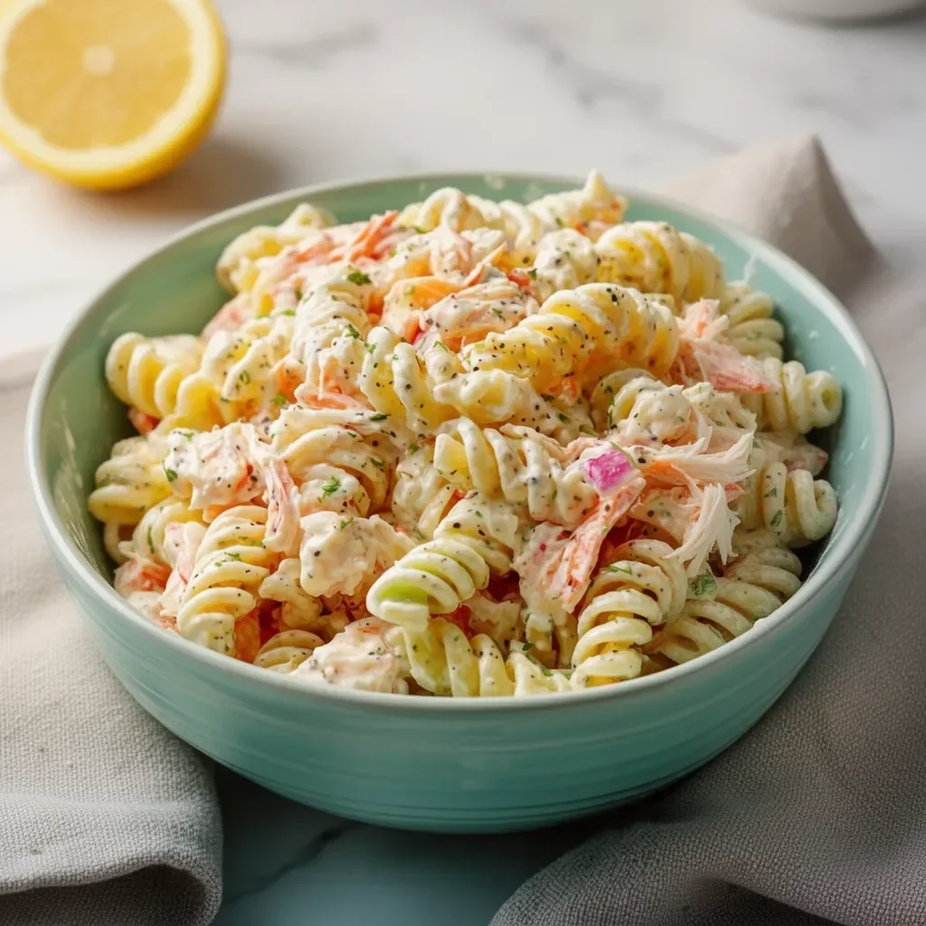 Homemade crab pasta salad with ranch dressing in a bowl