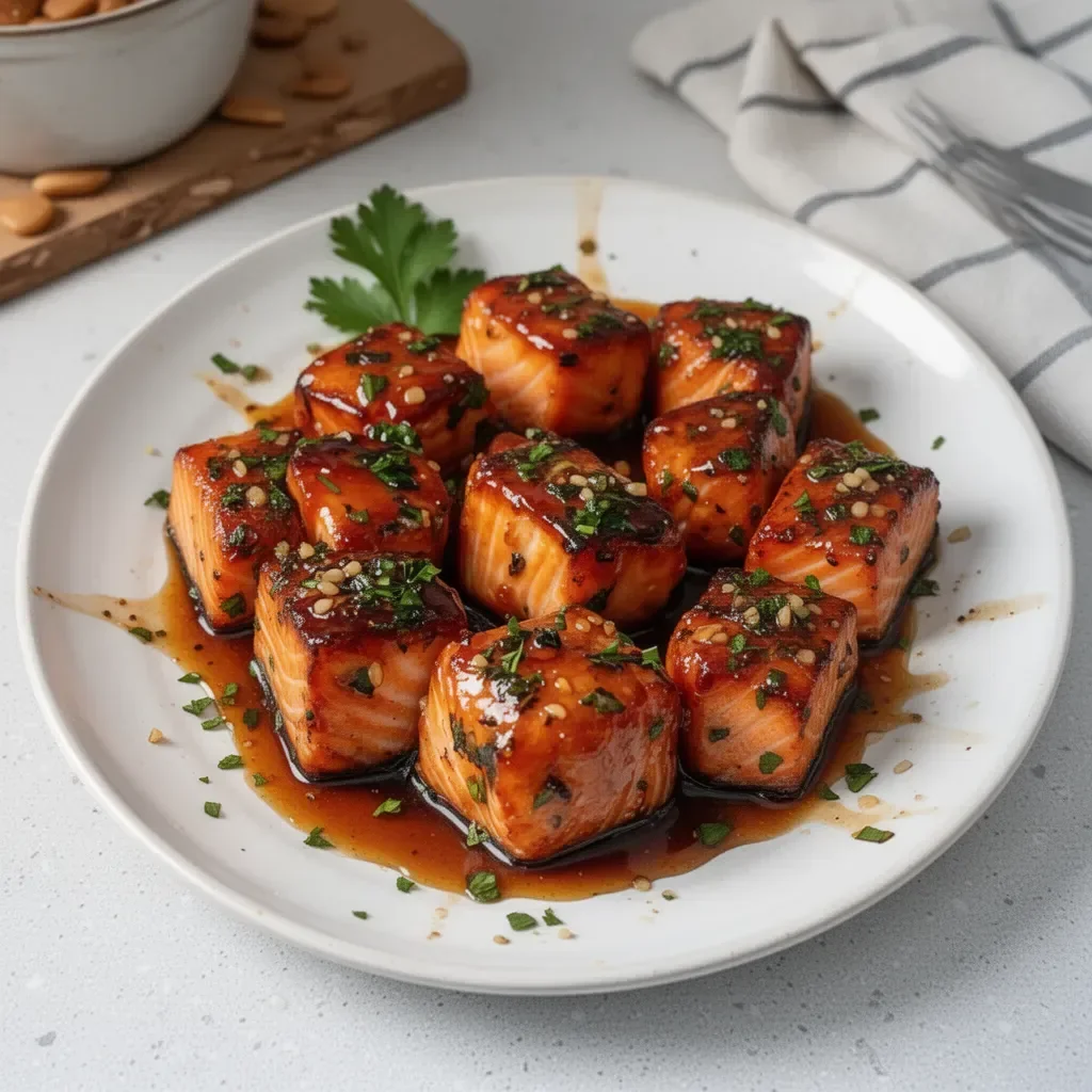 Honey Butter Garlic Glazed Salmon Bites on a plate with herbs
