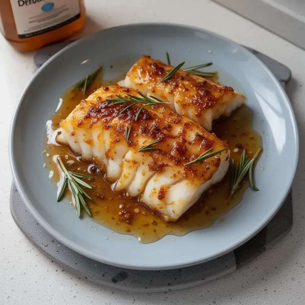 Plate of honey garlic baked cod garnished with herbs