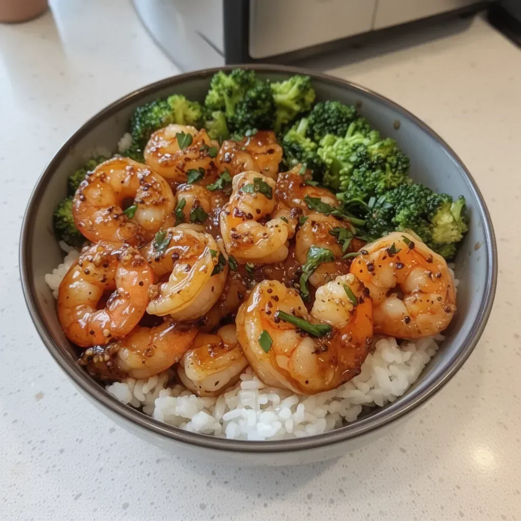 Delicious honey garlic shrimp bowl with vegetables and rice