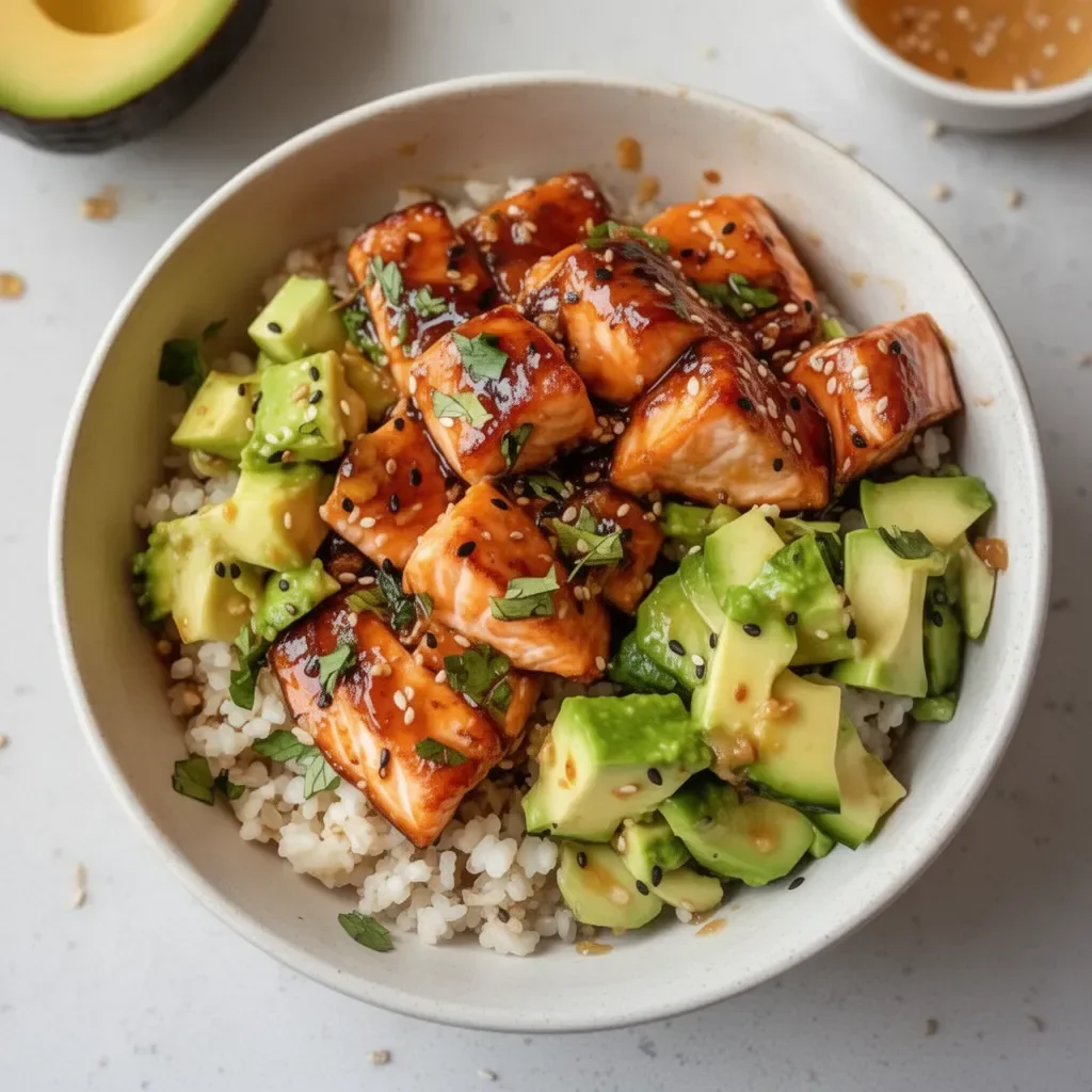Honey glazed salmon bowl topped with vegetables and rice for a healthy meal