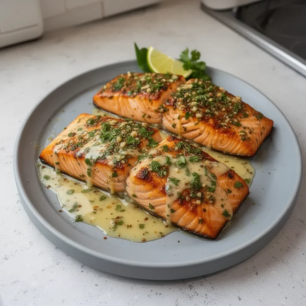 Honey-lime garlic butter baked salmon dish with fresh herbs and lemon slices.
