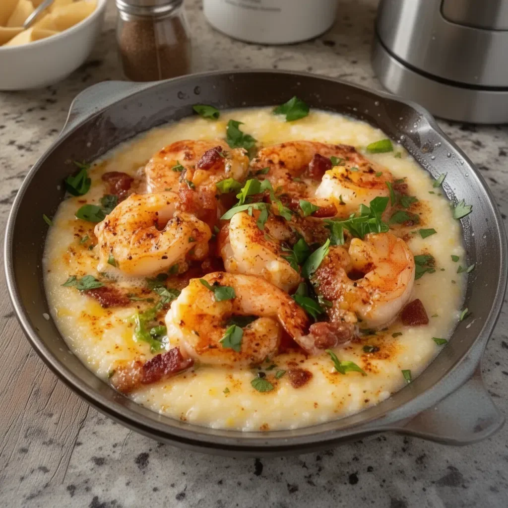 Delicious bowl of shrimp and grits inspired by Ina Garten's recipe.