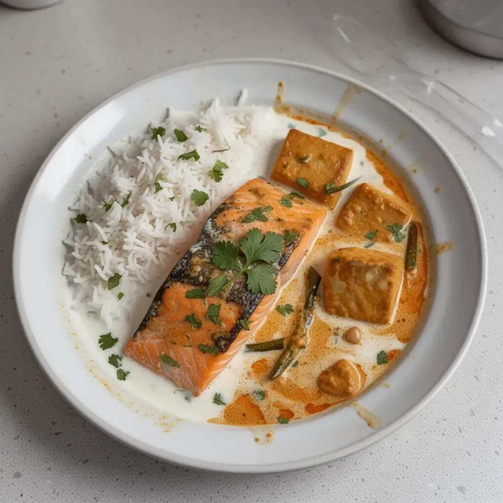 Indian-Style Salmon Curry with Coconut Milk served in a bowl