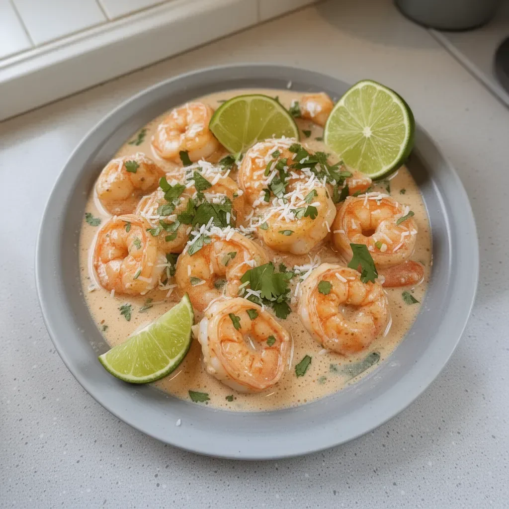 Delicious inspired creamy coconut shrimp served in a tropical sauce.