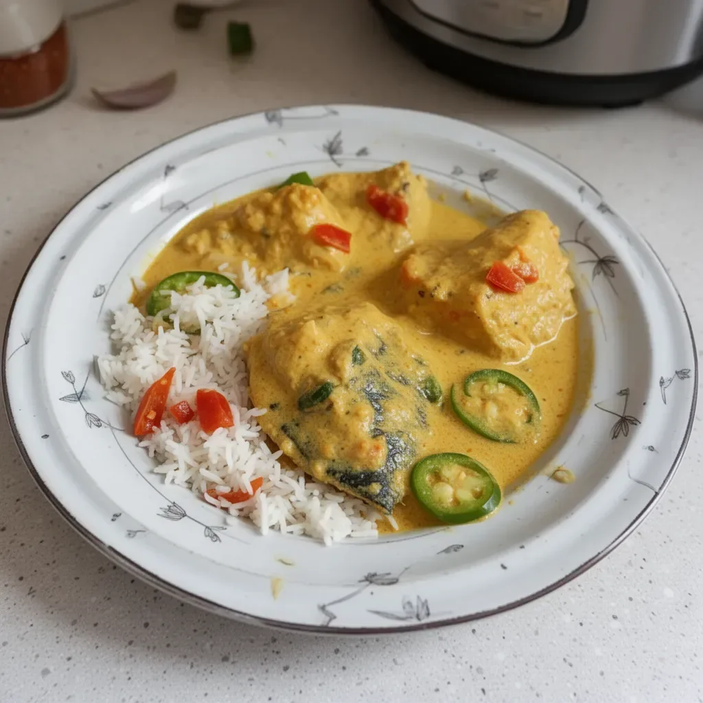 Bowl of Instant Pot Fish Curry with South Indian spices and herbs