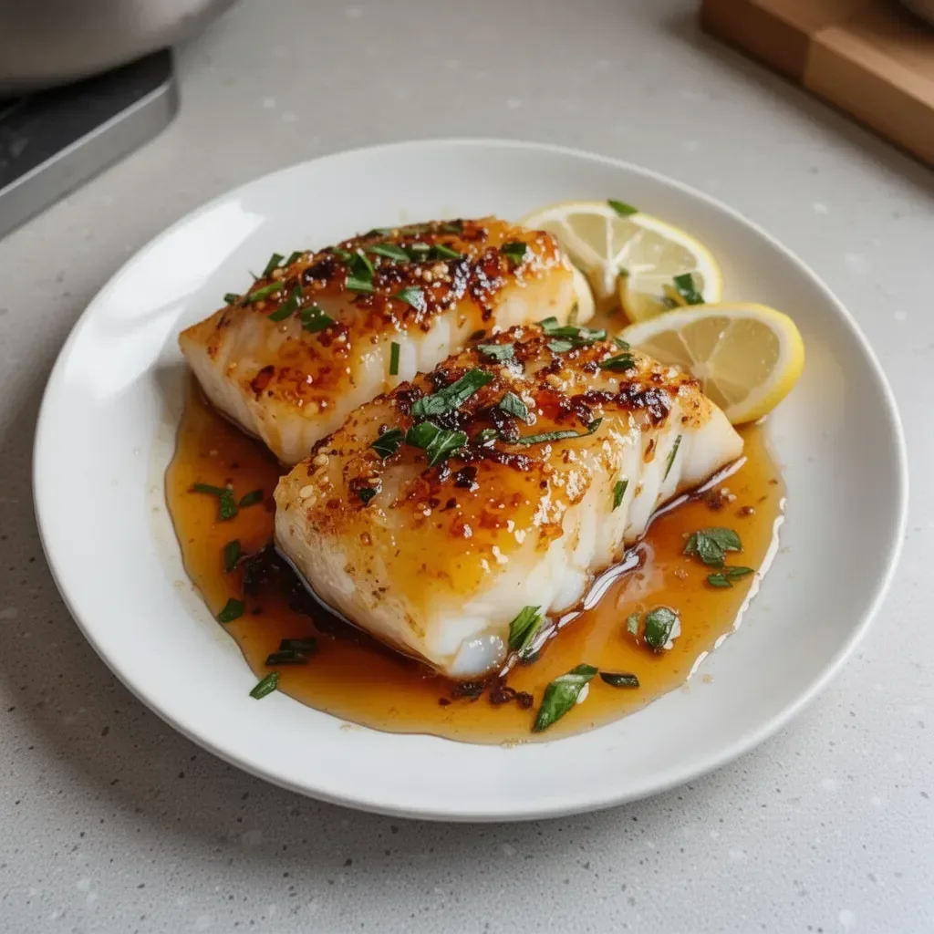 Delicious baked honey marinated cod served on a plate with fresh herbs