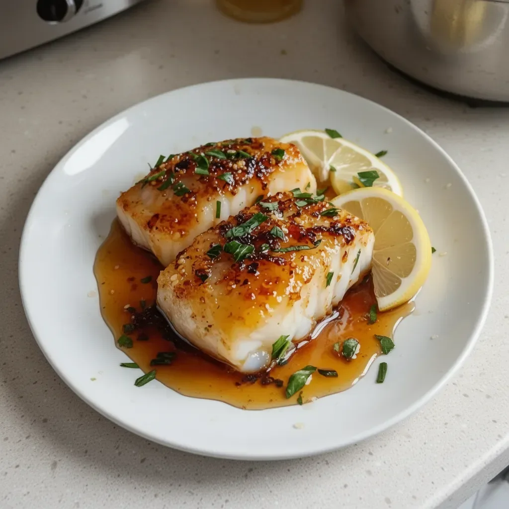 Plate of baked honey marinated cod garnished with herbs and lemon