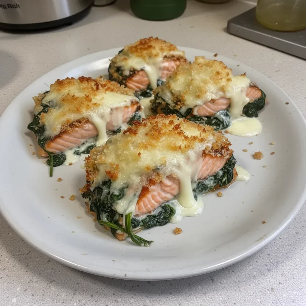 Baked salmon with spinach and mozzarella on a plate