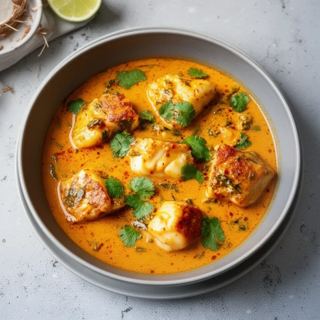 Bowl of irresistible coconut fish curry with fresh herbs and spices