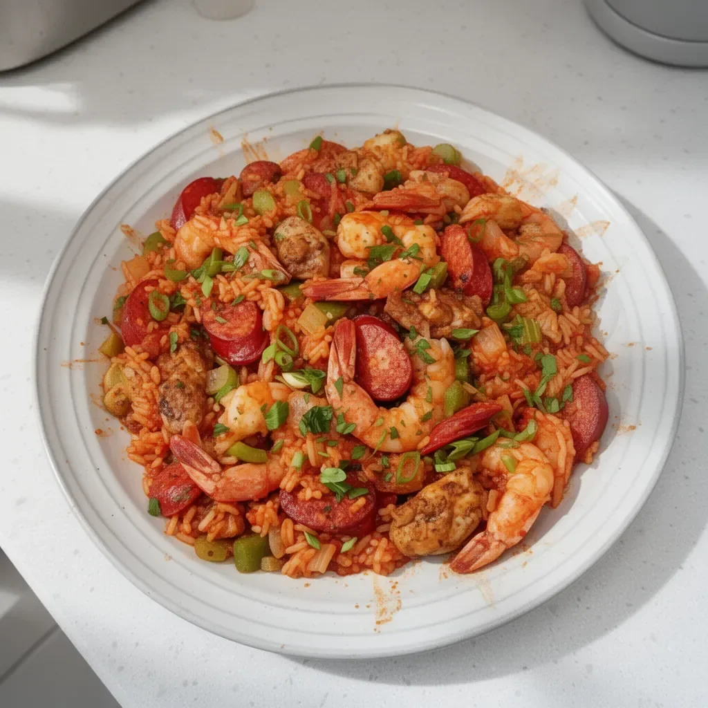 A delicious plate of jambalaya with shrimp, sausage, and vegetables