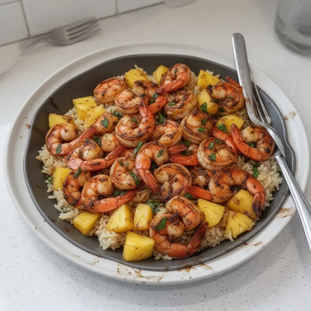 Delicious jerk shrimp served on a bed of pineapple basil rice.