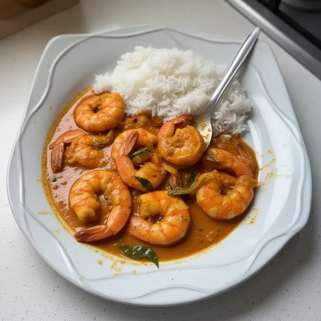 Delicious Kerala Prawn Curry garnished with herbs in a bowl