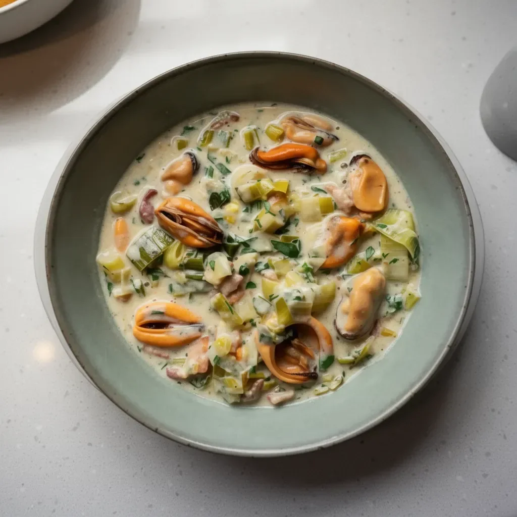 Bowl of leek and mussel chowder garnished with herbs