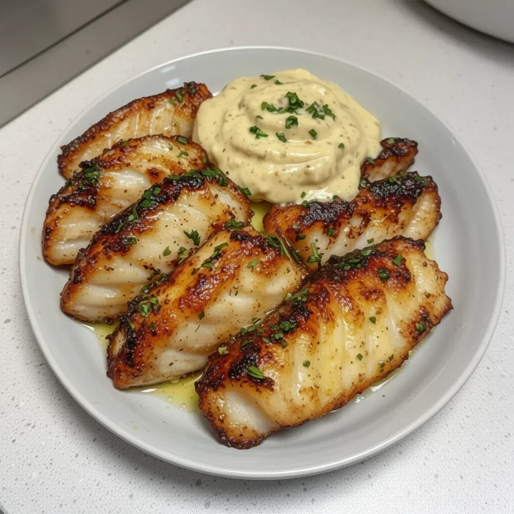 Lemon Butter Fish Bites served with Garlic Aioli on a plate
