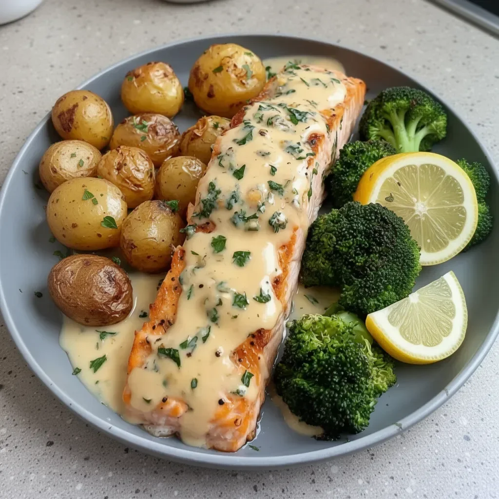 Lemon butter salmon served with crispy potatoes and steamed broccoli