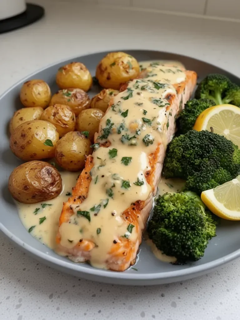 Lemon Butter Salmon with Crispy Potatoes and Broccoli