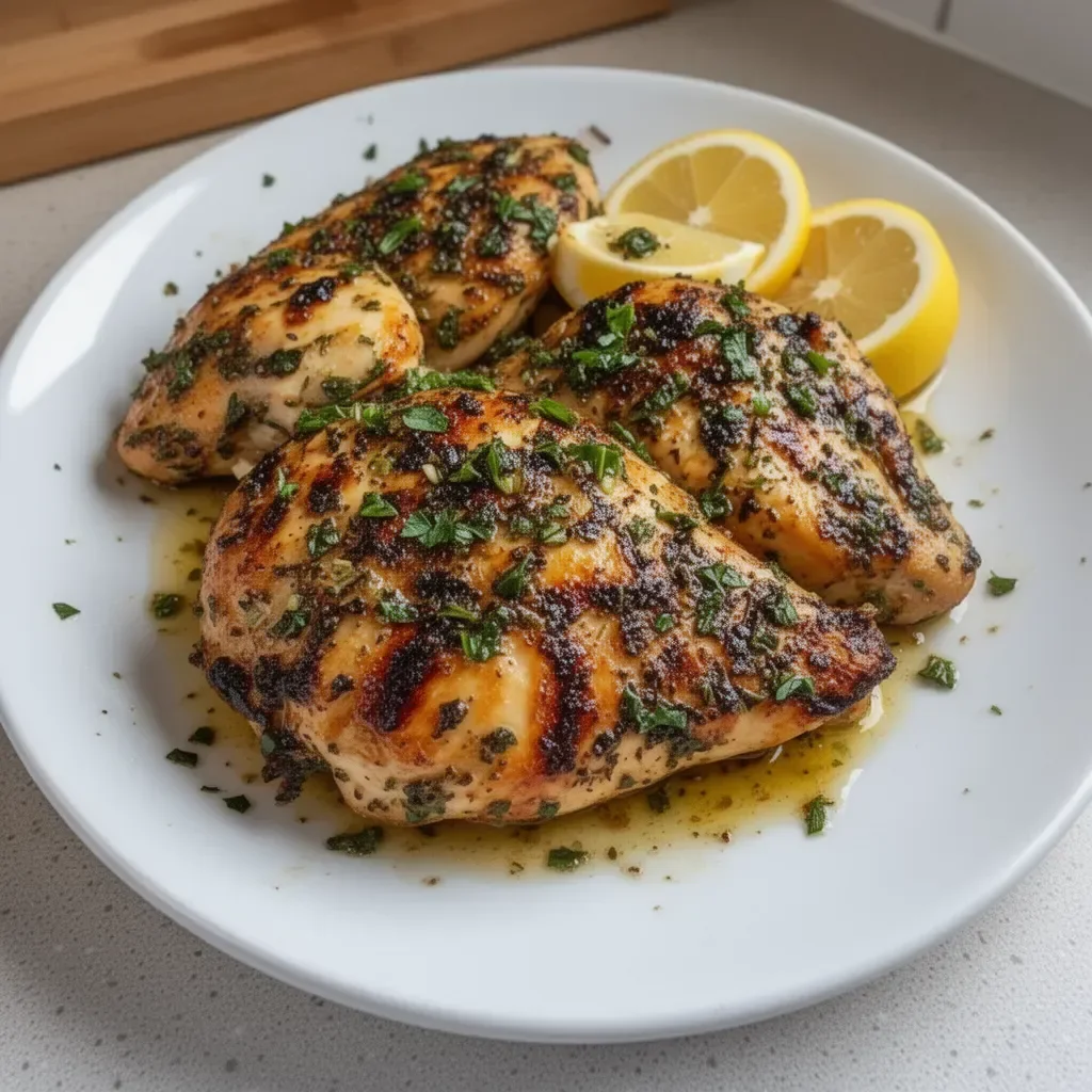 Delicious Lemon & Garlic Greek Marinated Chicken garnished with herbs