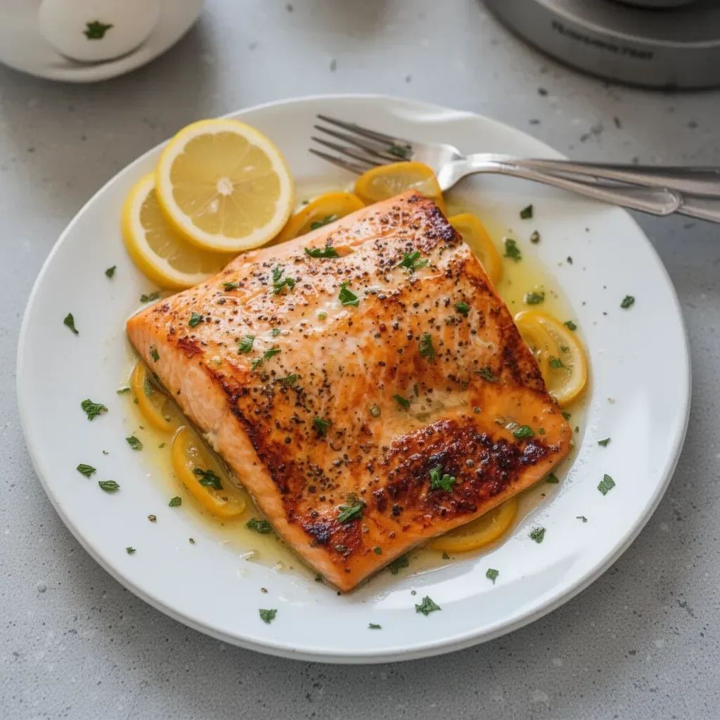 Grilled lemon garlic salmon with fresh herbs and lemon slices on a plate.