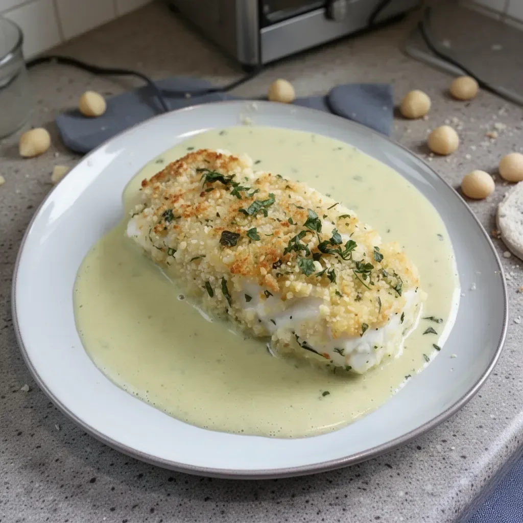 Delicious macadamia nut crusted halibut with fresh herbs and coconut sauce.
