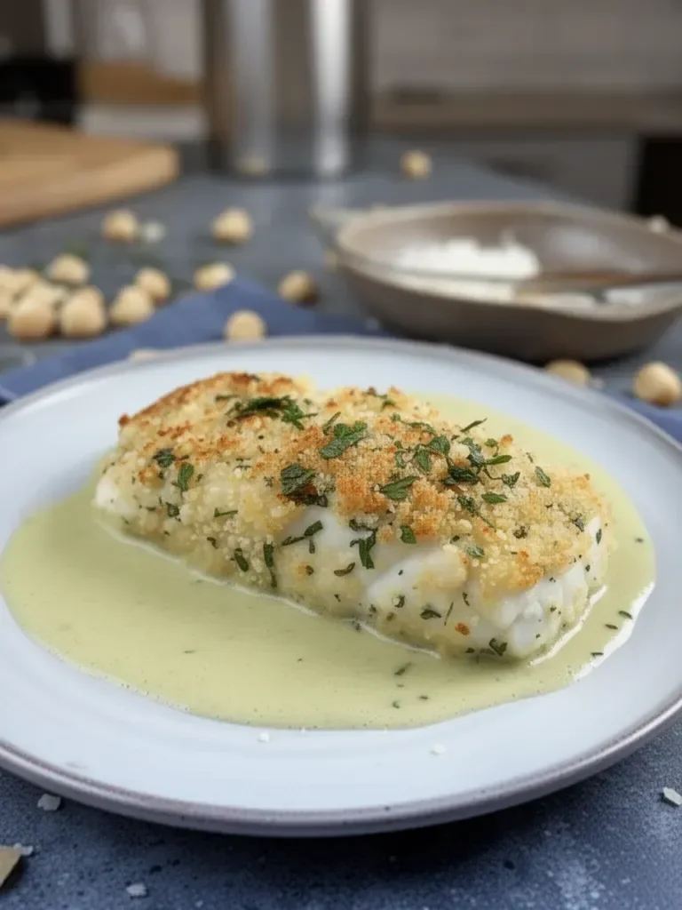 Macadamia Nut Crusted Halibut with Fresh Herbs and Coconut Sauce