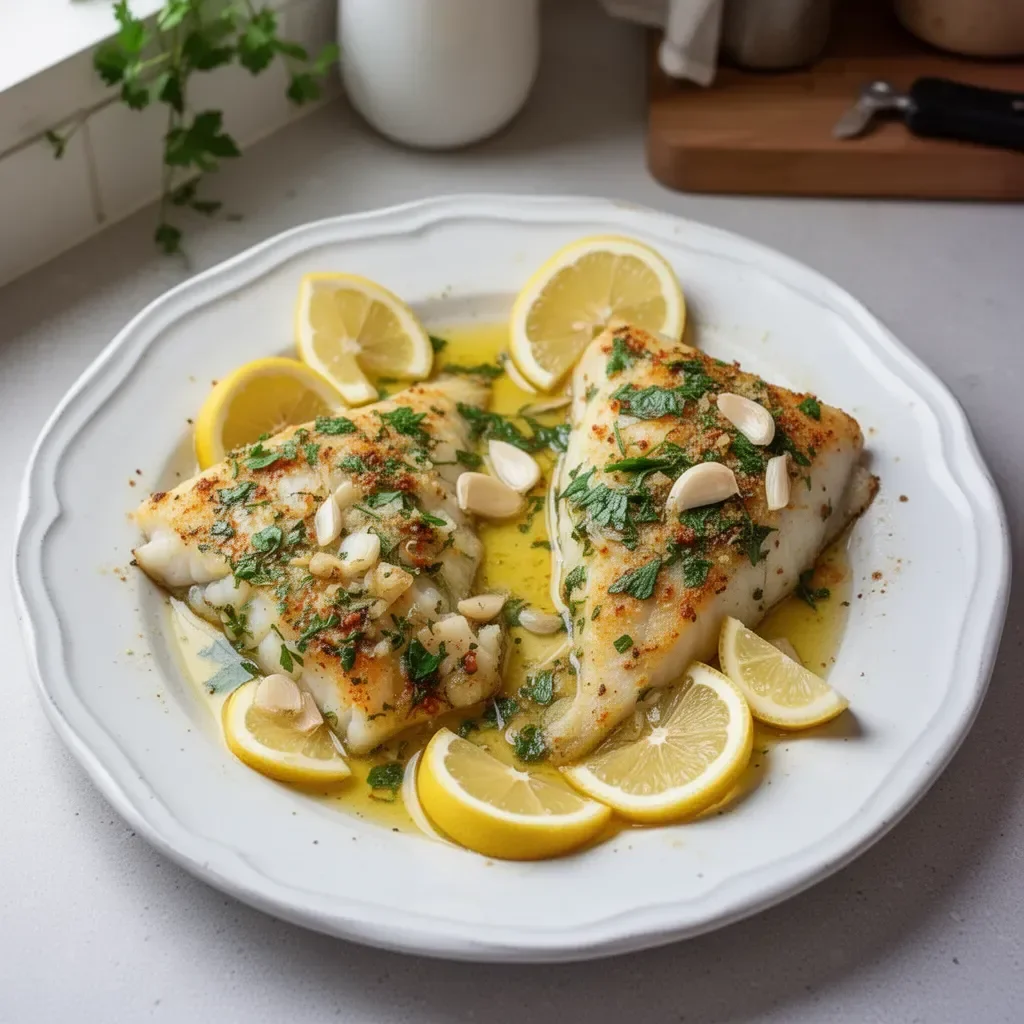 Mediterranean Baked Cod with Lemon and Garlic served on a white plate