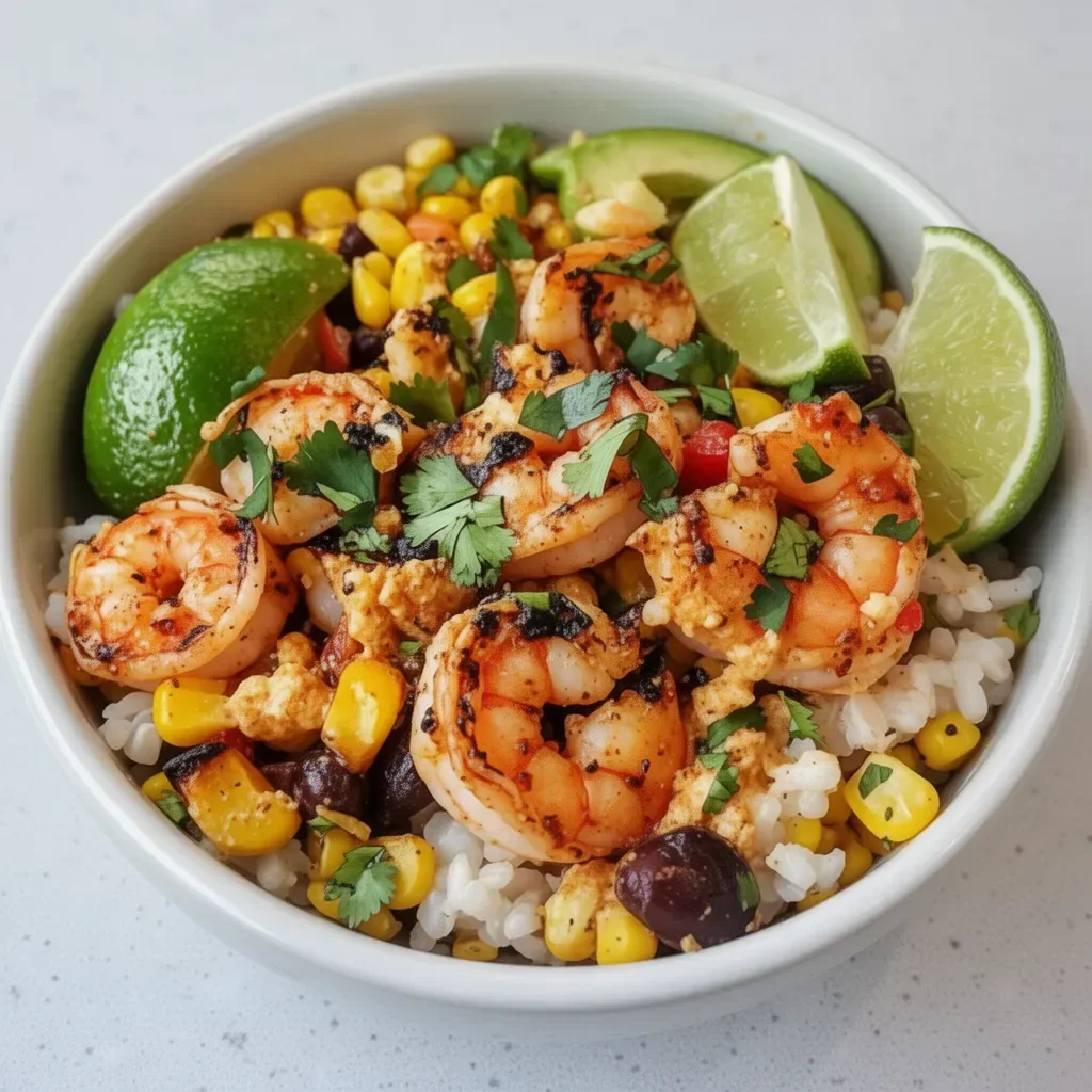 Bowl of Mexican street corn shrimp with colorful toppings