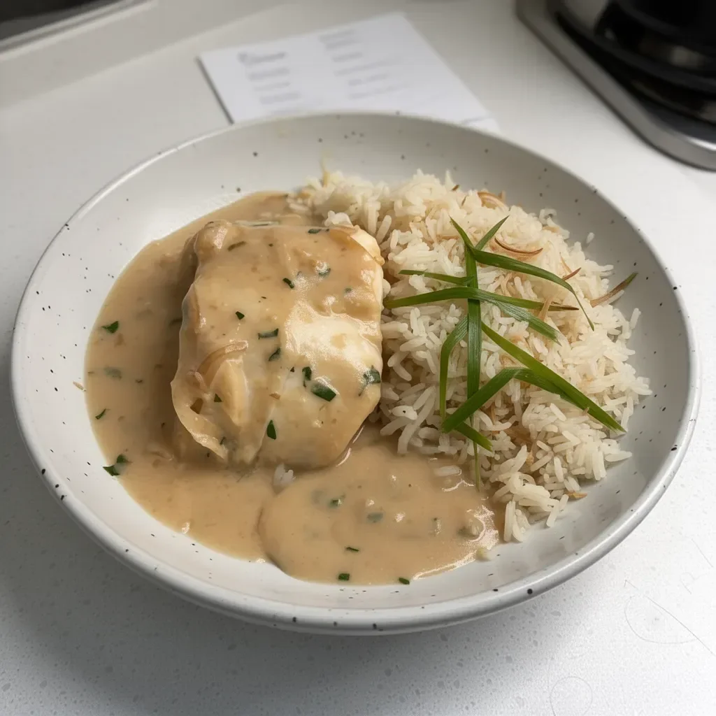 Miso-coconut poached cod served with pandan rice on a plate