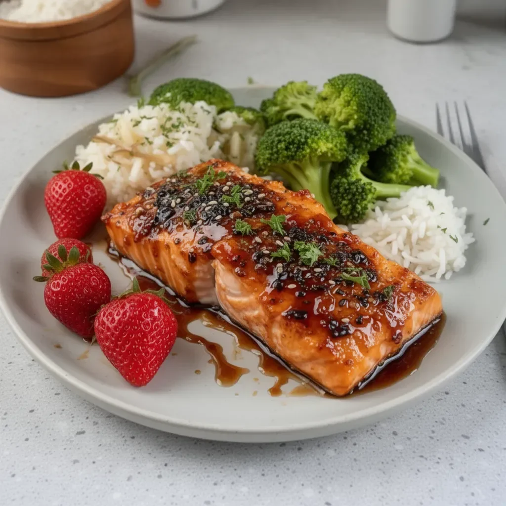 Mouthwatering maple glazed baked salmon on a white plate garnished with herbs
