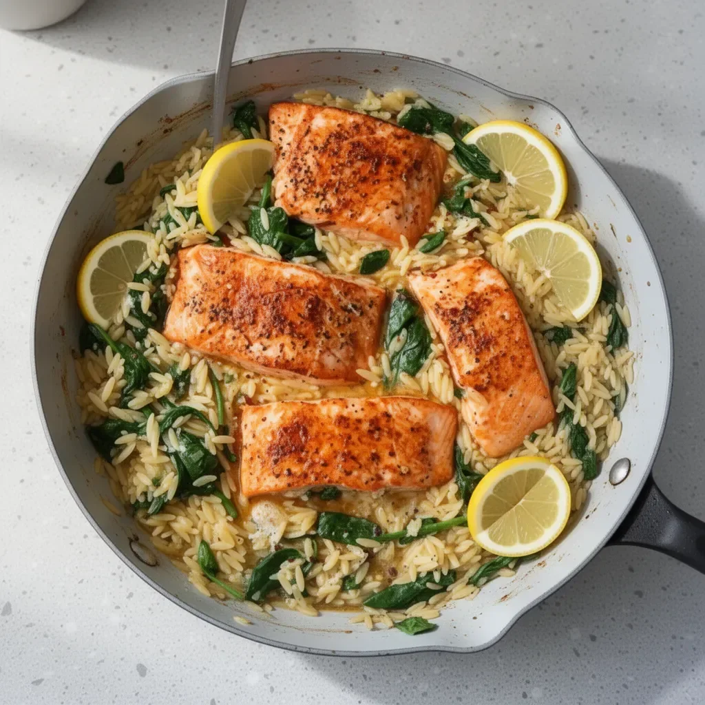 One Skillet Salmon with Lemon Orzo recipe, featuring salmon and orzo pasta.