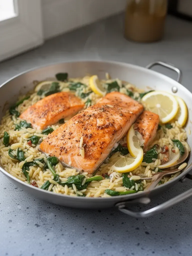 One Skillet Salmon with Lemon Orzo