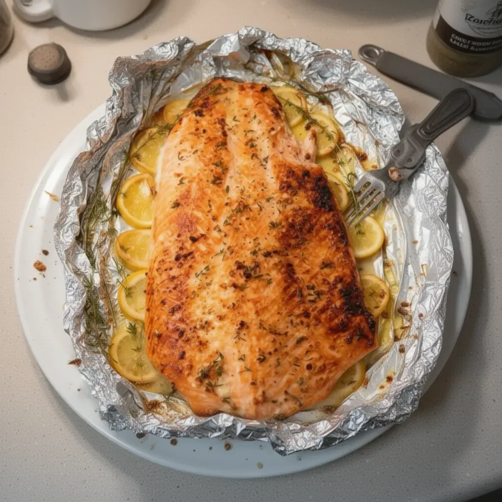 Delicious oven-baked salmon served with herbs and lemon slices.