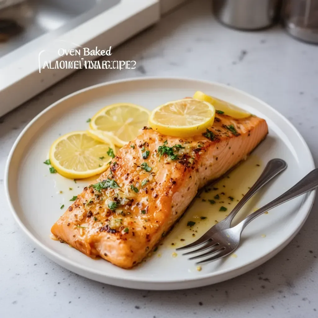 Deliciously prepared oven baked salmon on a platter with herbs.