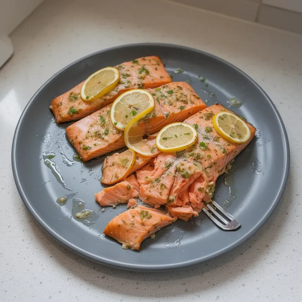 Oven roasted salmon with herbs and lemon, served on a plate.