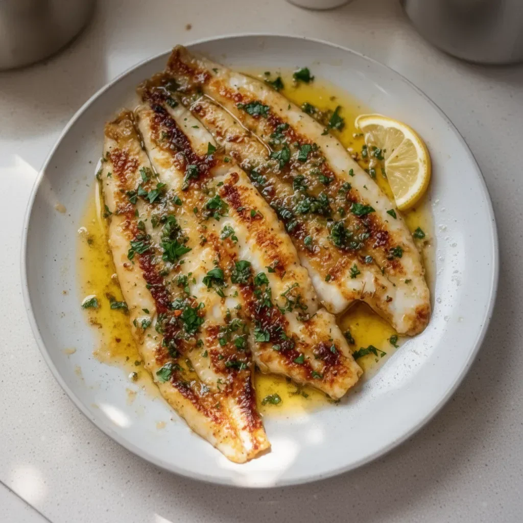 Plate of pan-seared flounder with brown butter and lemon garnish