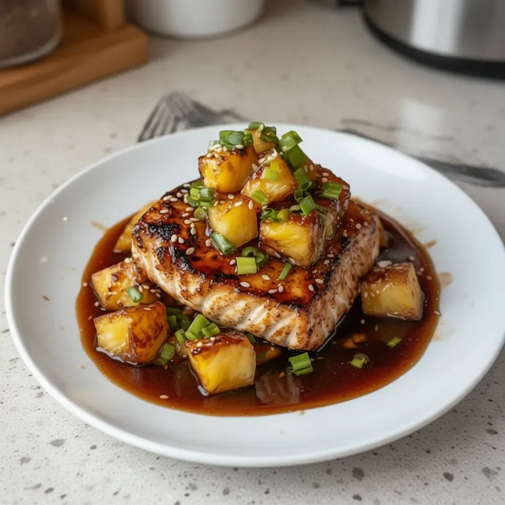 Pan-Seared Mahi Mahi garnished with Pineapple Teriyaki Glaze on a plate