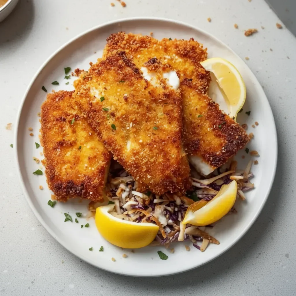 Panko-crusted fried fish served with tartar sauce and lemon wedges