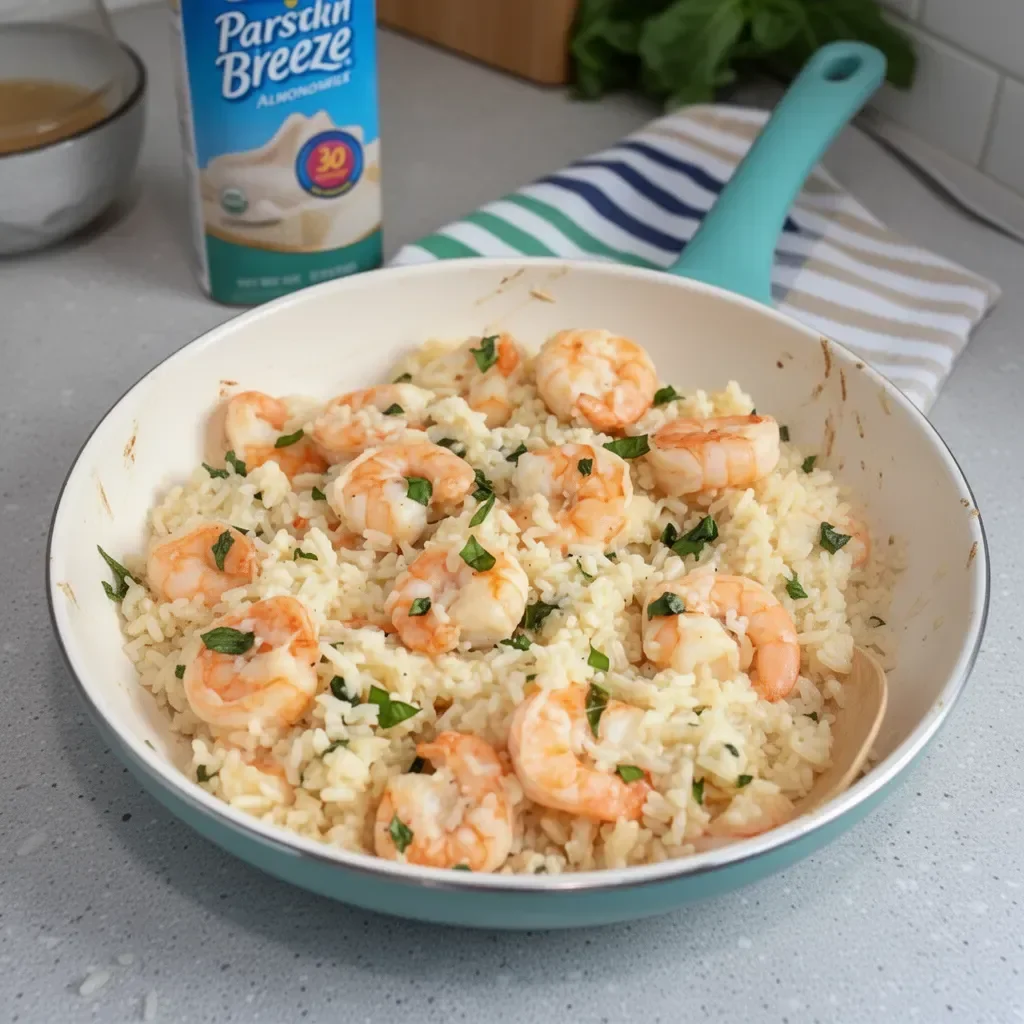 Delicious Parmesan Basil Shrimp served over rice with fresh basil garnish