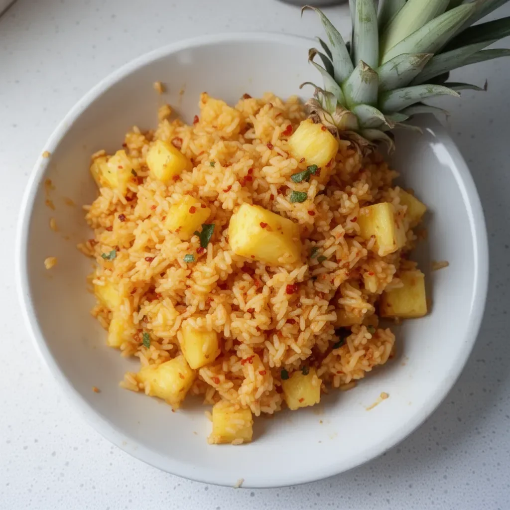 Plate of delicious pineapple rice garnished with fresh herbs