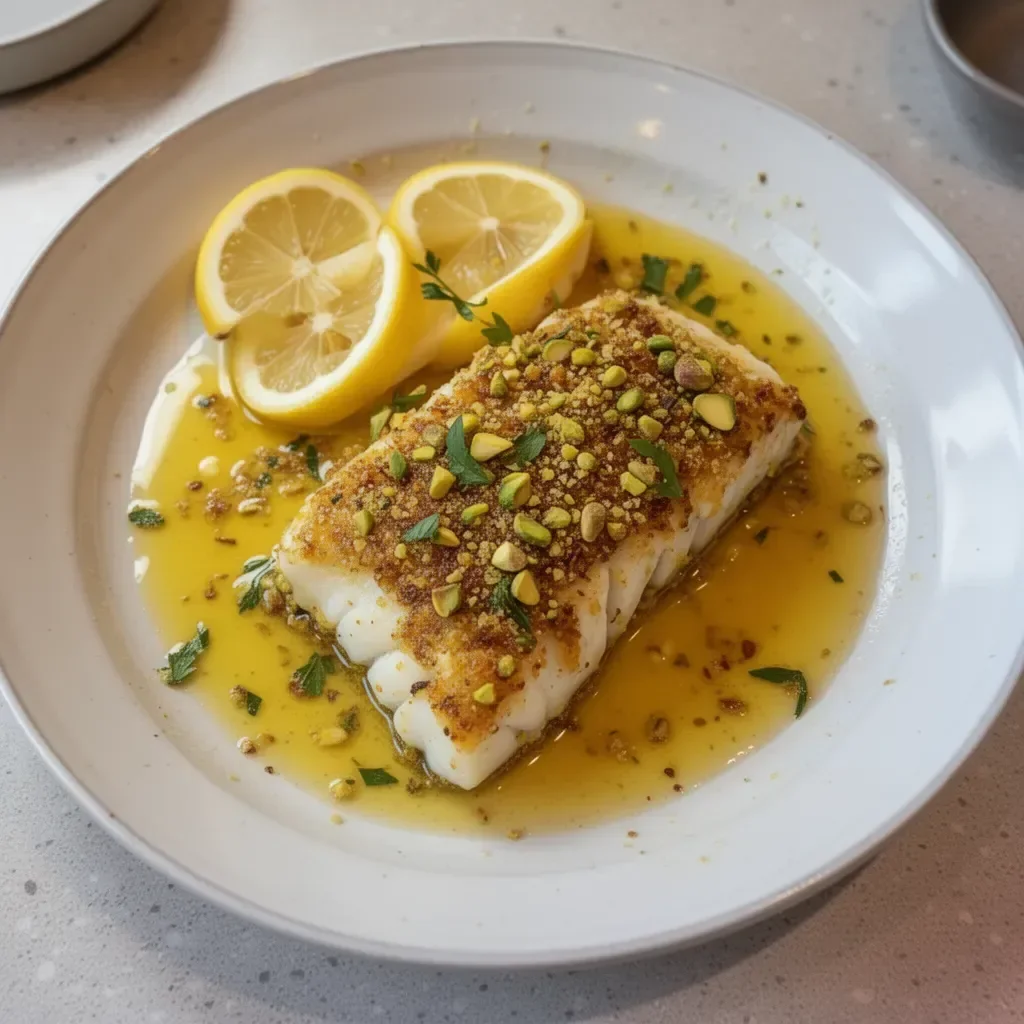 Pistachio-crusted cod fillet served with a lemon butter sauce on a plate
