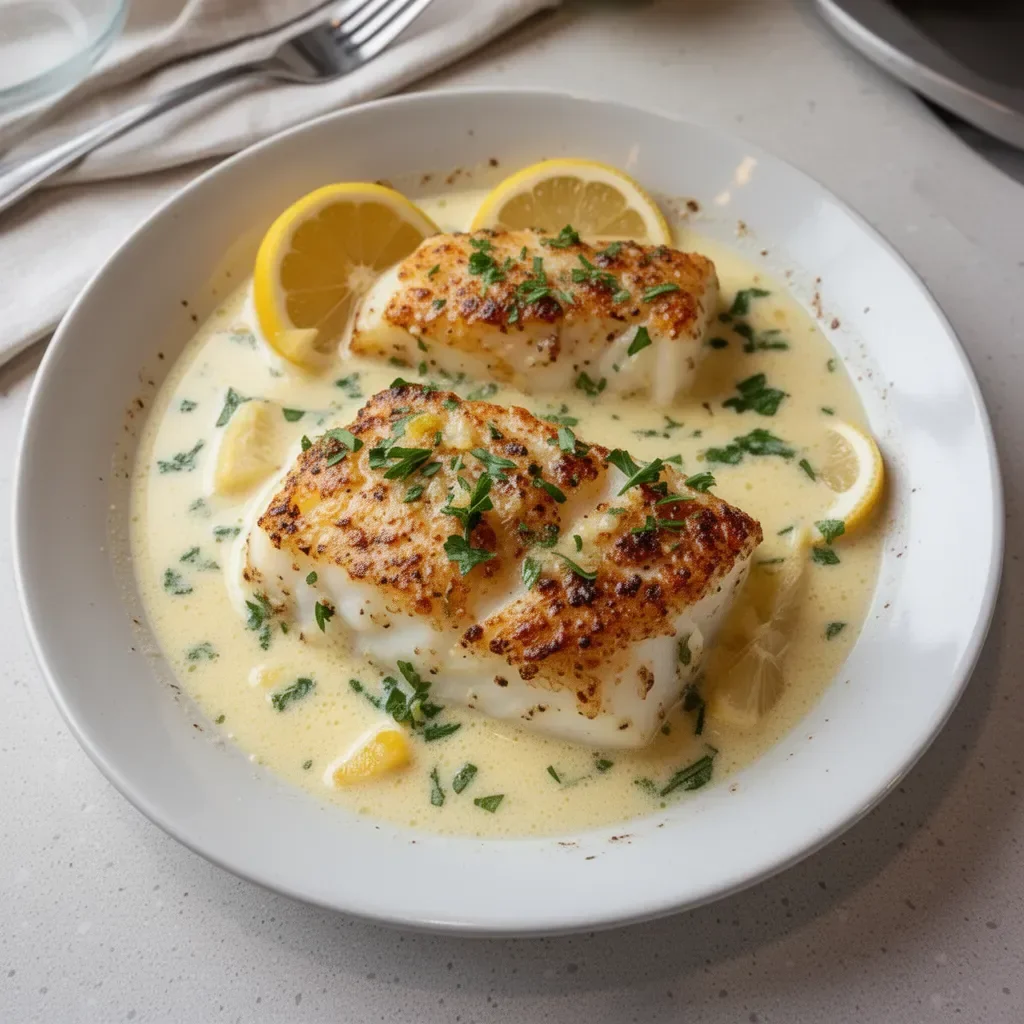 Plate of creamy lemon coconut baked cod garnished with herbs and lemon slices