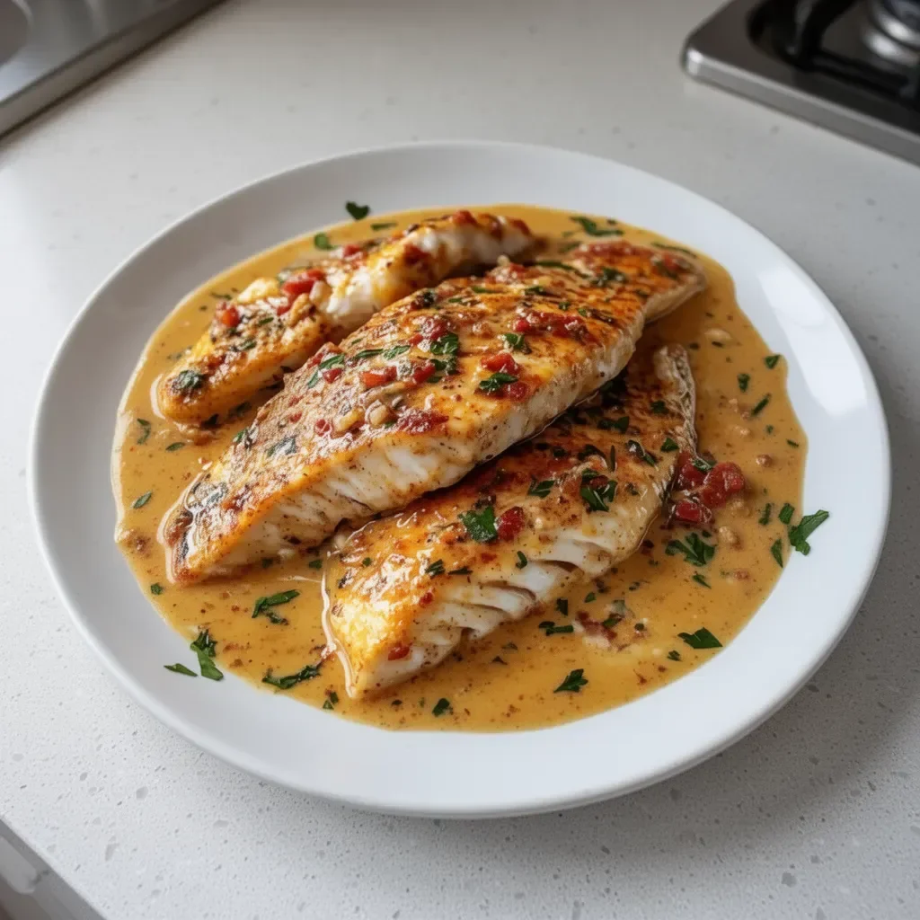 Plate of Red Snapper topped with creamy Creole sauce and garnished with fresh herbs