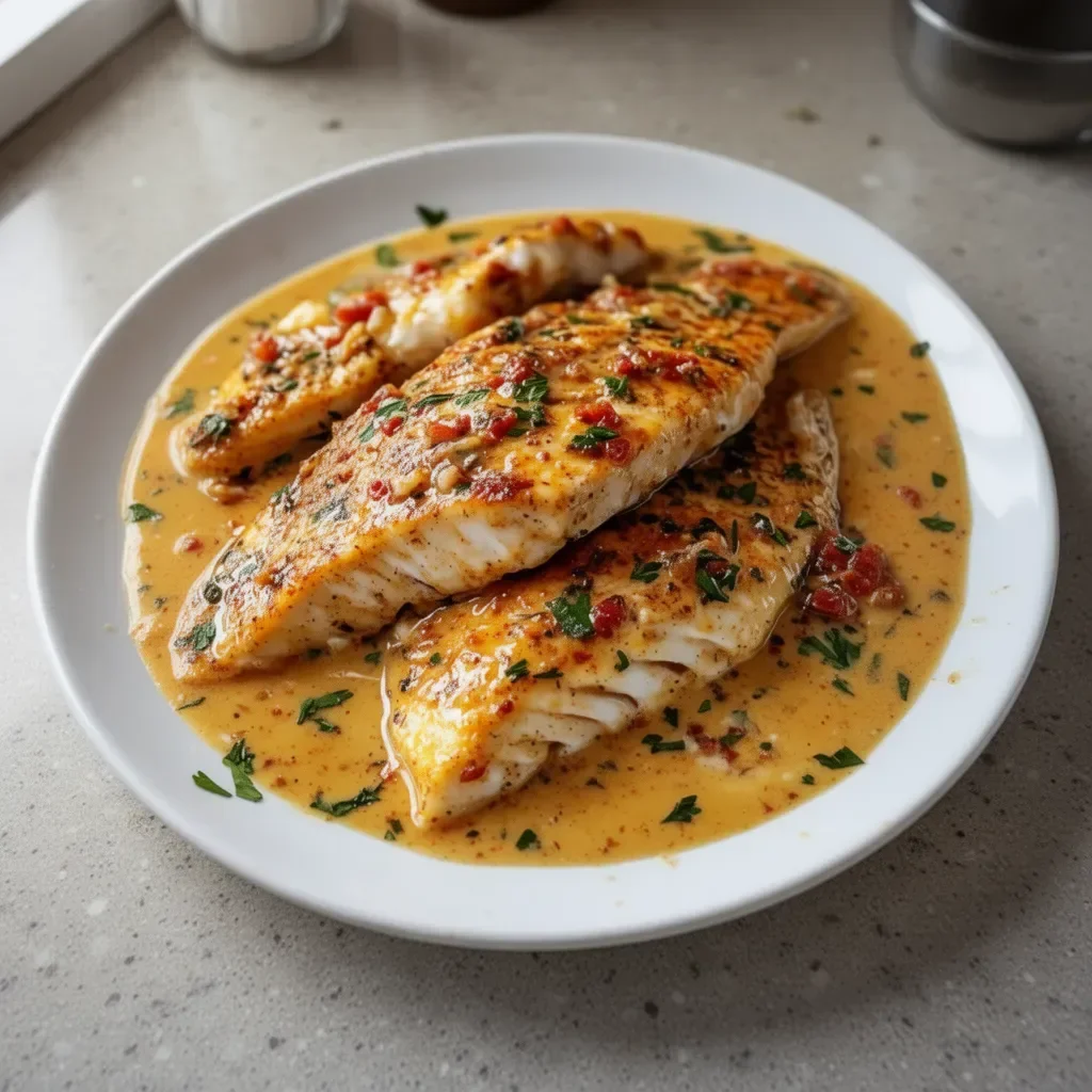 Delicious Red Snapper served with creamy creole sauce on a white plate.