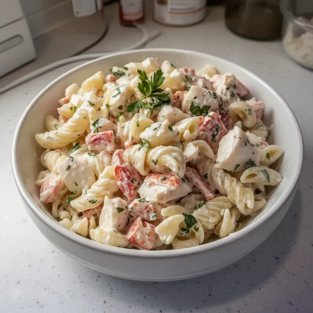 Delicious crab pasta salad served in a bowl, ideal for summer gatherings
