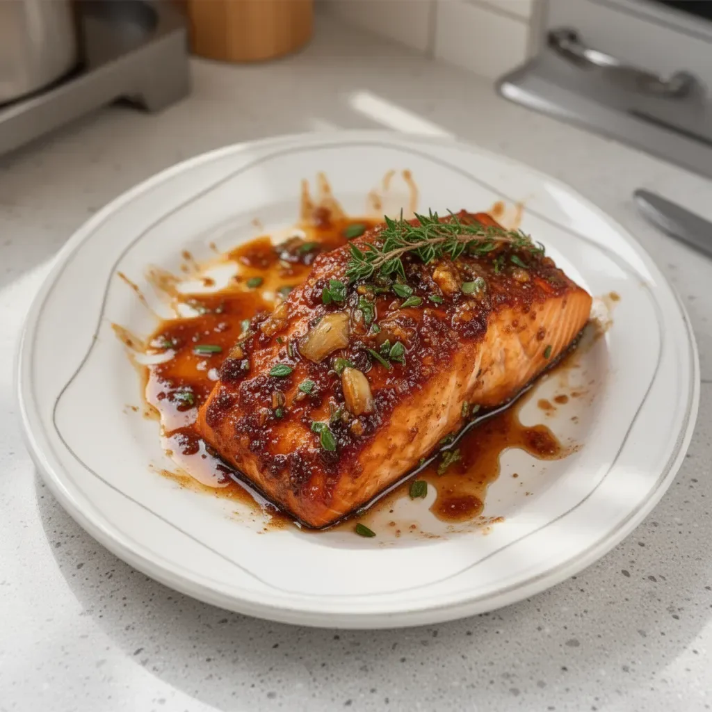Salmon fillet glazed with brown sugar and garlic, served on a plate.