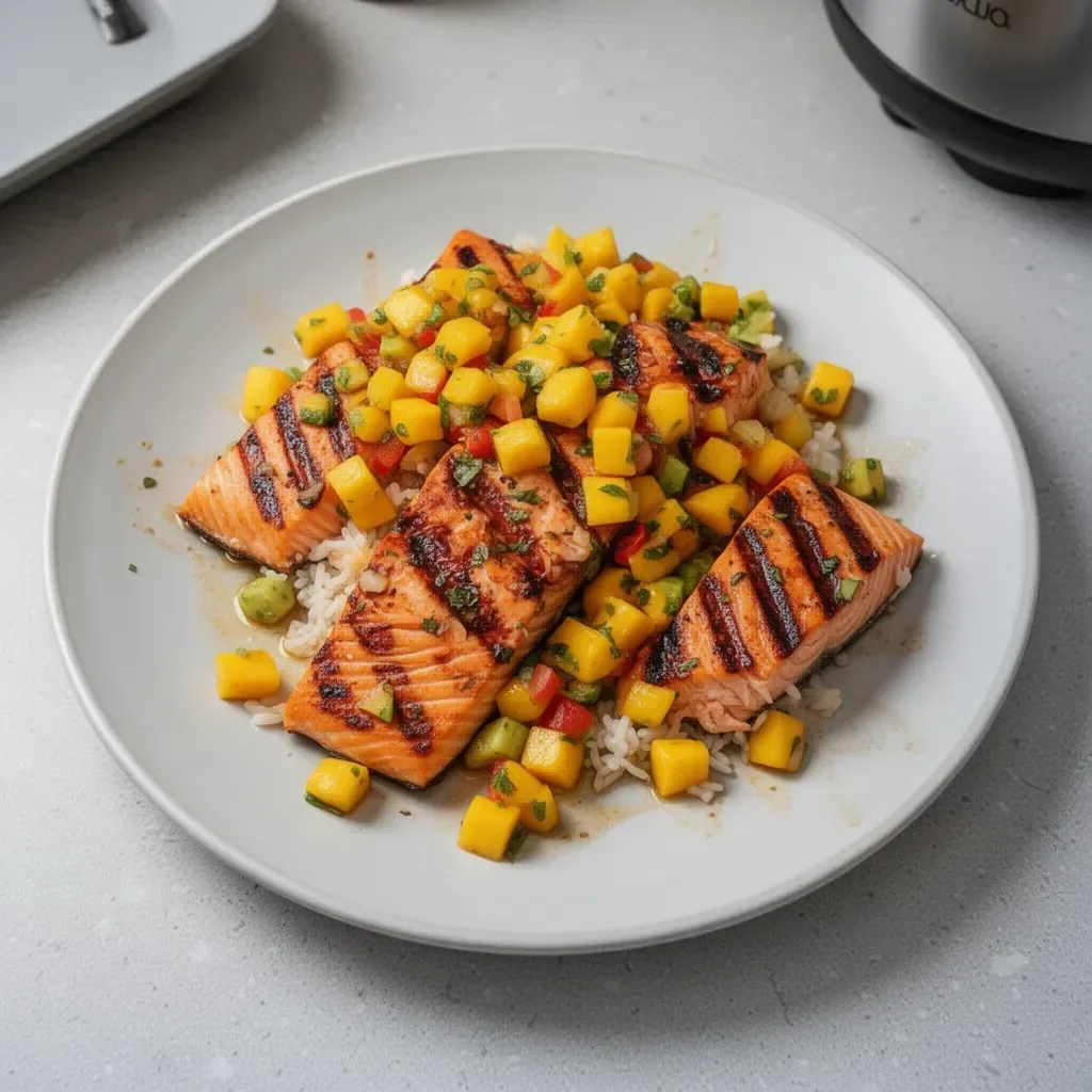 Grilled salmon fillet topped with refreshing mango salsa.