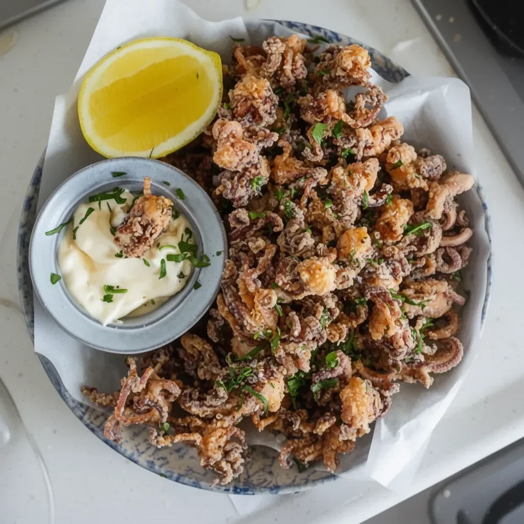 Plate of salt and pepper fried squid garnished with herbs