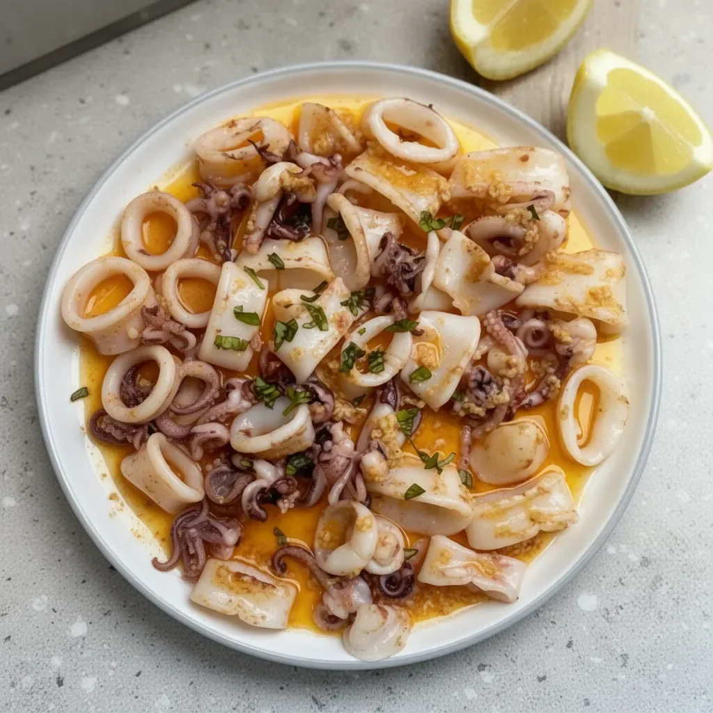 Sautéed Cajun Calamari served with spicy seasoning and garnishes