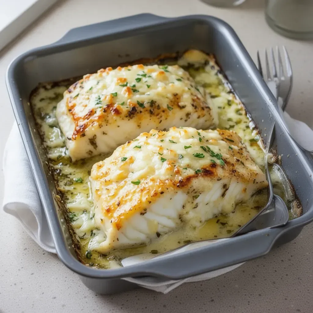 Savory garlic parmesan baked halibut, a delicious seafood dish