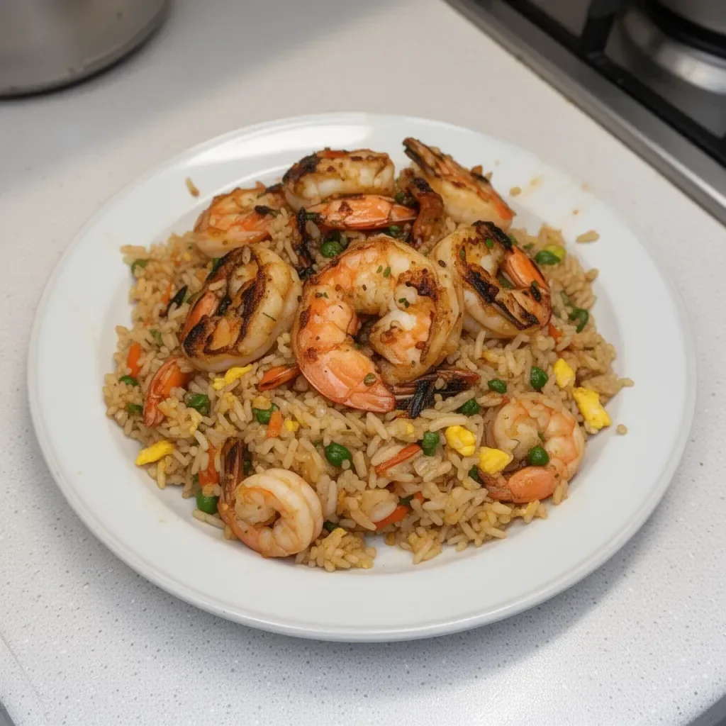 Plate of flavorful Seafood Fried Rice with shrimp, scallops, and vegetables